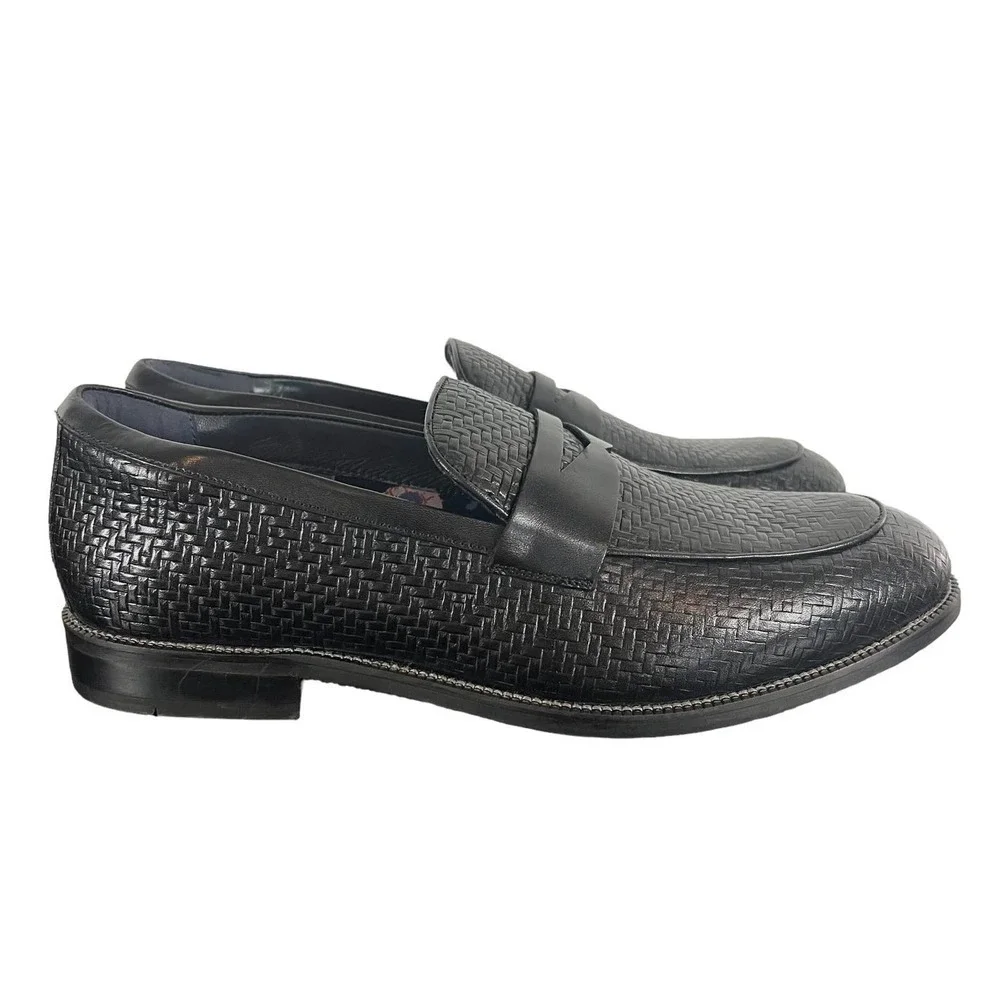 Men's Black Woven Leather Penny Loafers